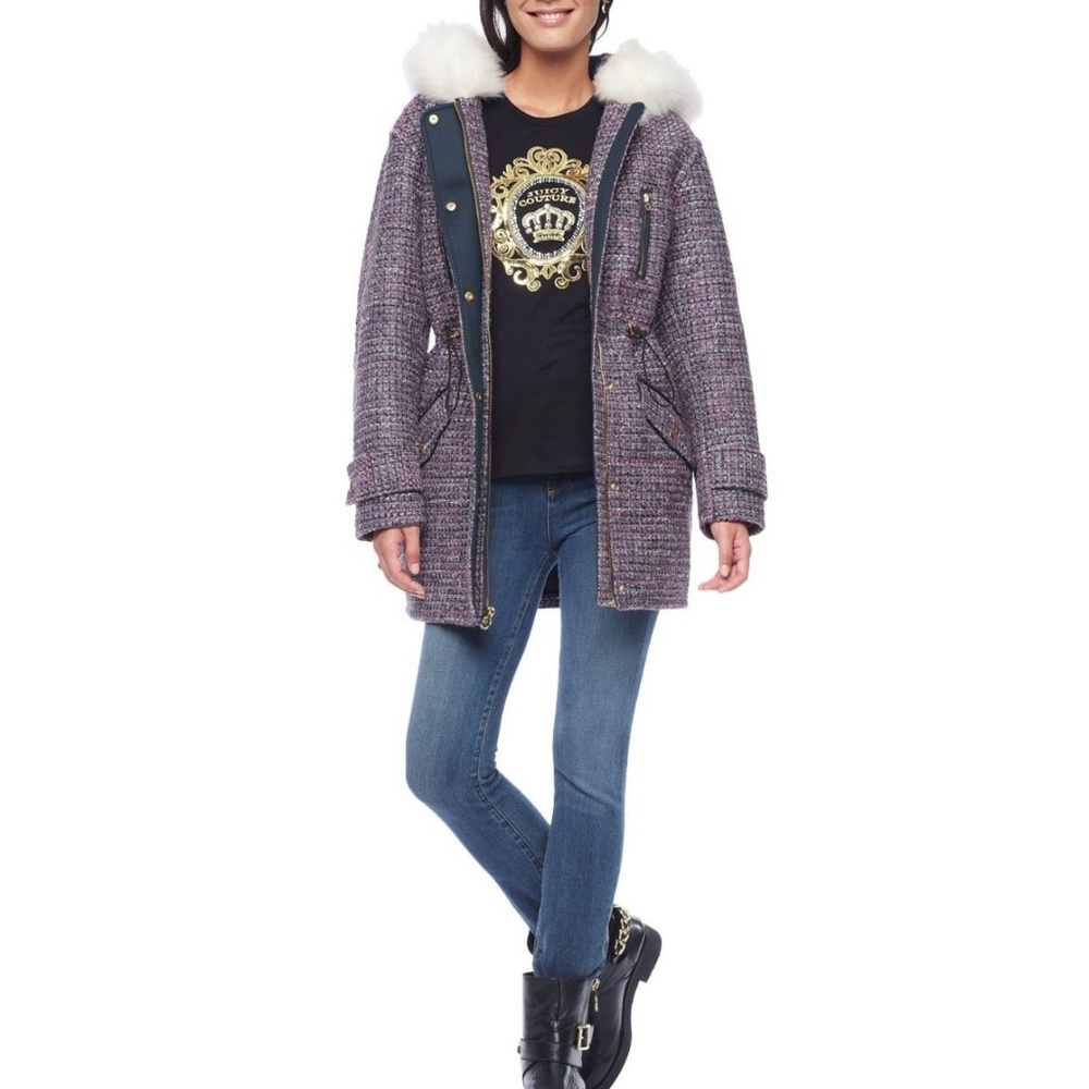 $398 JUICY COUTURE RARE Tweed Fur Hood Parka XS